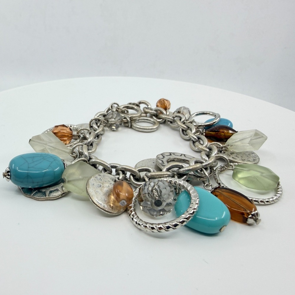 Vintage Boho Silver Faux Turquoise Chunky Charm Bracelet Multi Bead Toggle Y2K - Picture 3 of 8